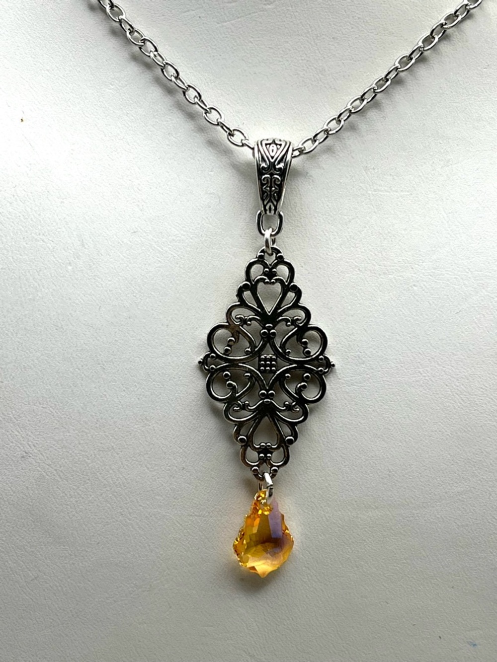 Swarovski Crystal Filigree Pendant Necklace Silver Tone AB Teardrop Victorian